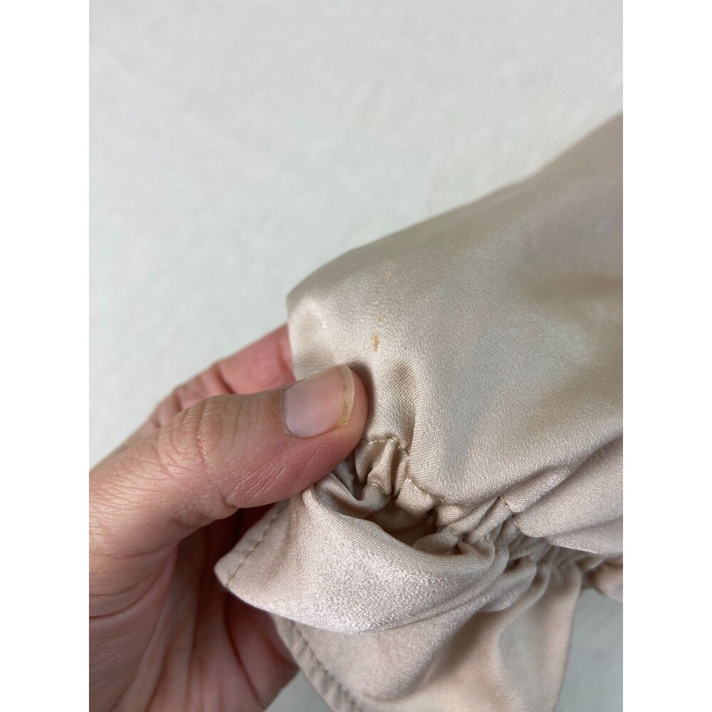 Mable Size M Babydoll Beige Cream Smocked Ruffle Mini Dress Stretch Party STAINS - Picture 11 of 12